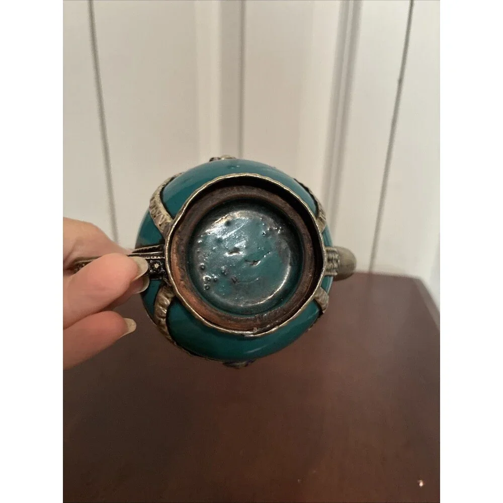 Vintage Moroccan Miniature Teapot Teal Ceramic Silver Metal Filigree Decorative